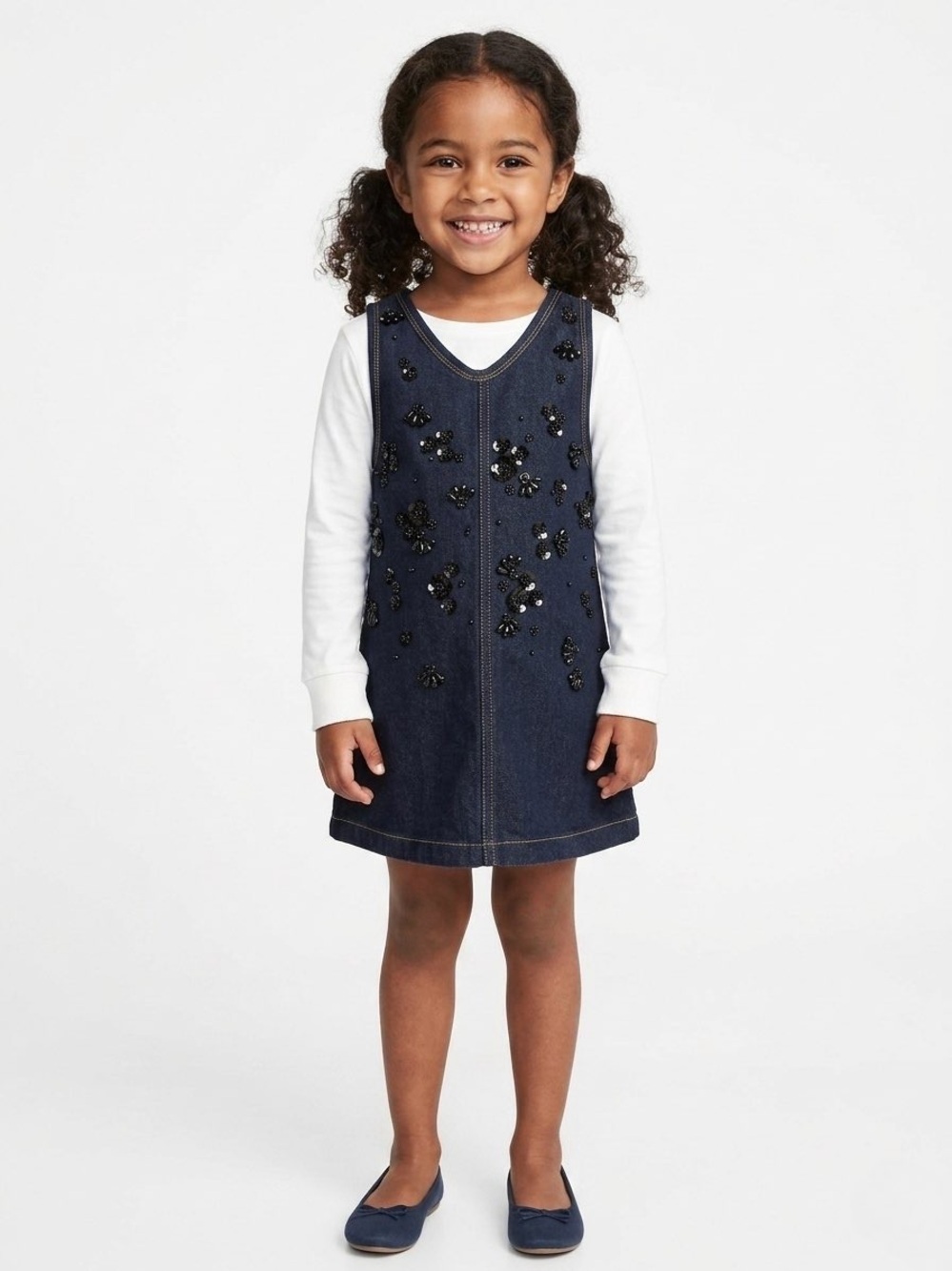 H&M Girls Denim Pinafore Dress Size 5T Dark Beaded Sequin Flower Like New